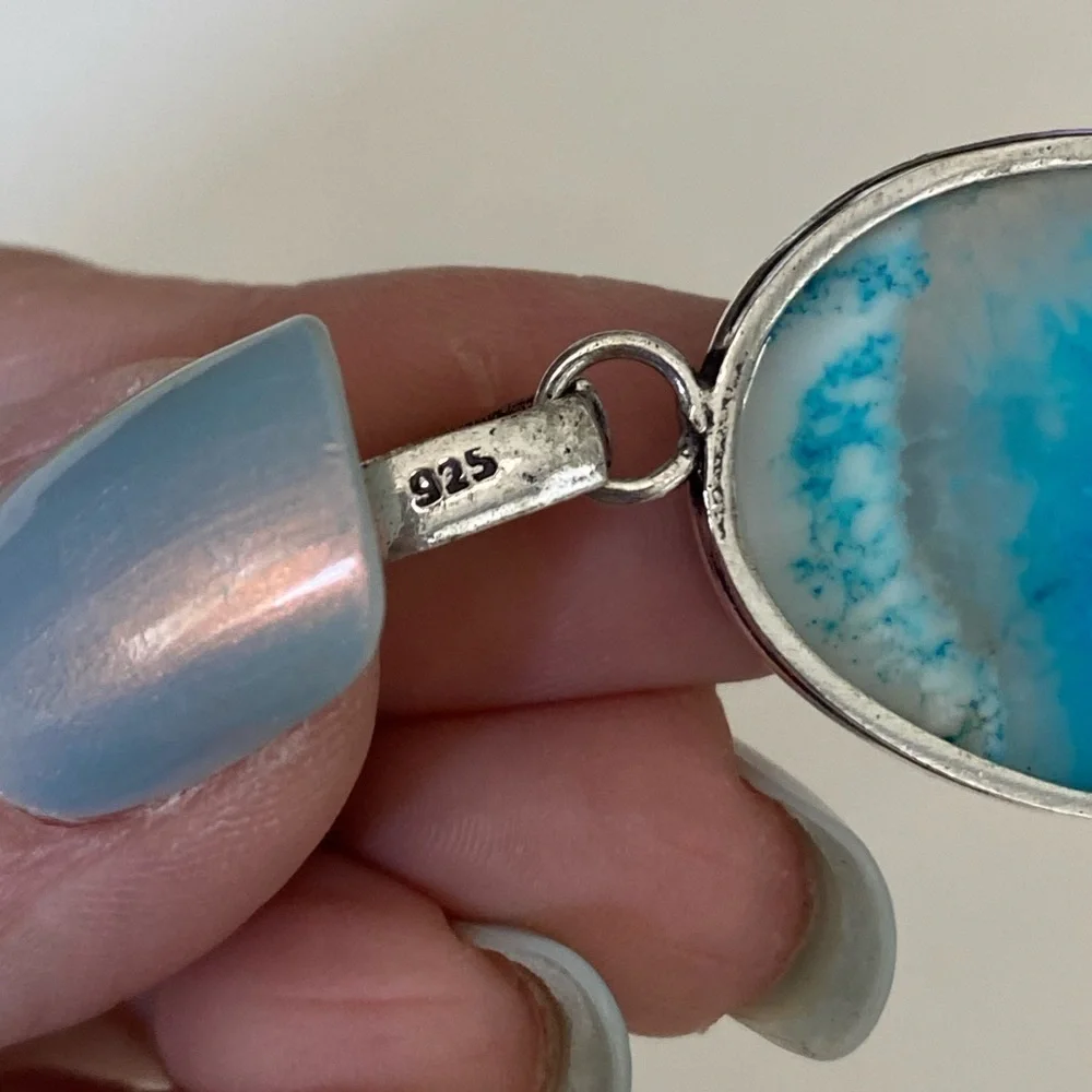 Blue Dyed Agate and 925 Sterling Silver Necklace Pendant